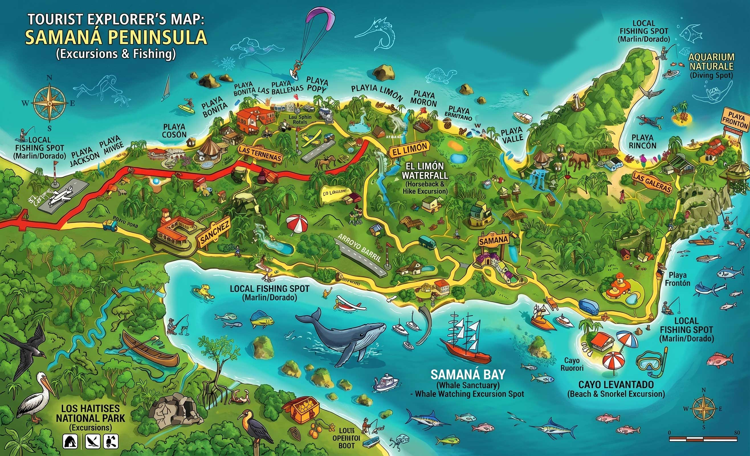 Illustrated tourist map of the Samaná Peninsula marking Las Terrenas, Playa Cosón, Playa Bonita, Playa Jackson, El Limón Waterfall, Sánchez, Samaná, the Samaná Bay whale-watching sanctuary, Cayo Levantado, Los Haitises National Park, Las Galeras, Playa Rincón and Playa Frontón